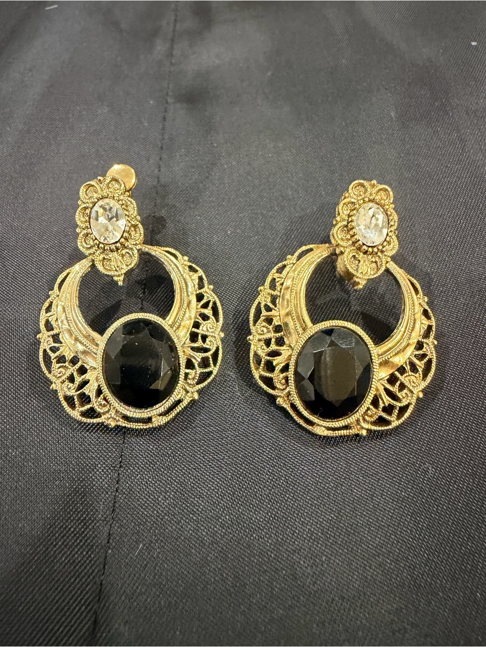 Vintage Gold Filigree Drop Earrings with Black Stone